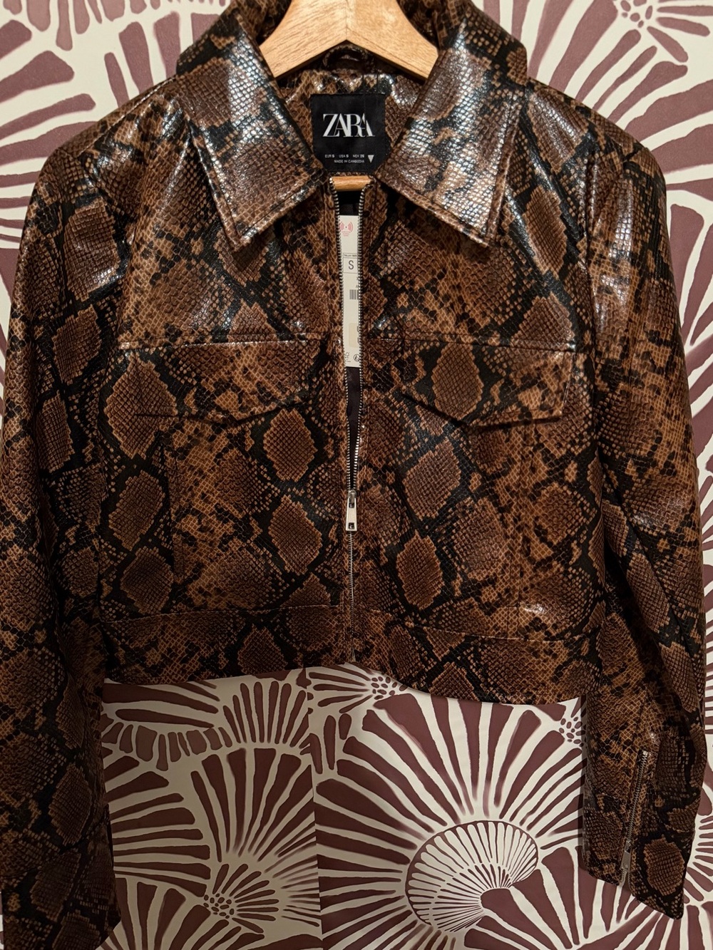 Zara Brown Snake-Print Leather Jacket
